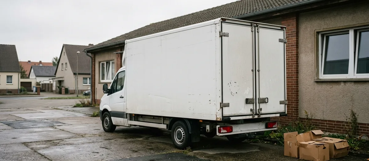 Möbelwagen mit geschlossenen Hecktüren auf einem Hof neben der Werkstatt bei nassem Wetter