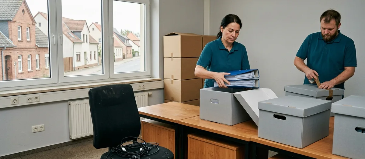 Zwei Beschäftigte packen Aktenordner in graue Archivkartons und kleben eine Kiste zu