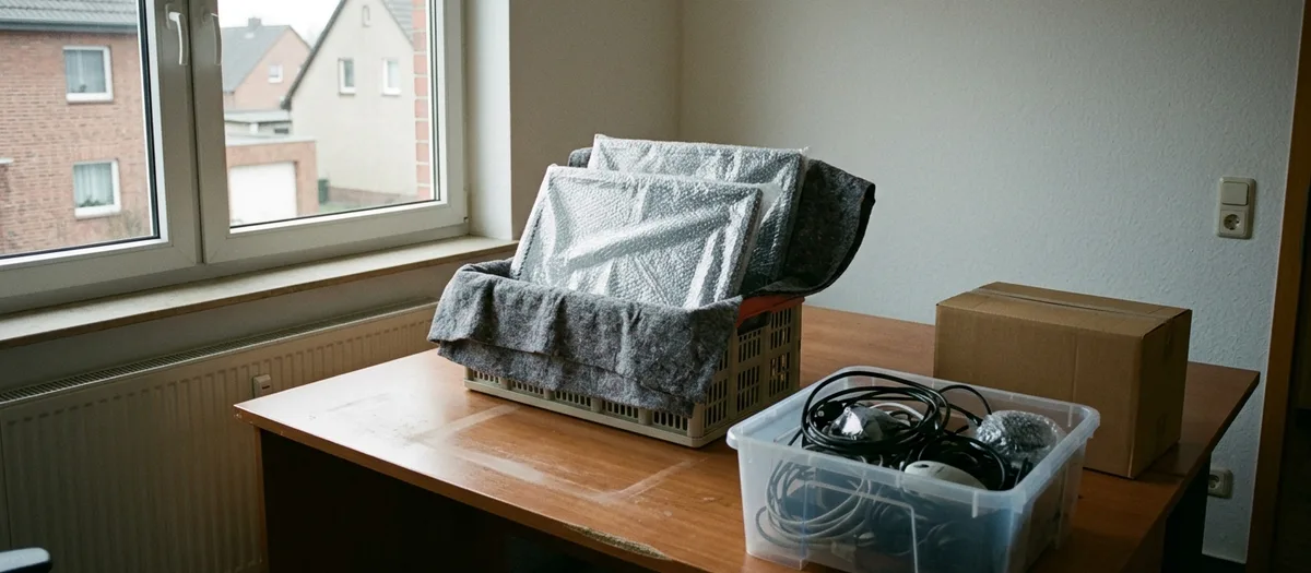 Mit Luftpolsterfolie geschützte Bildschirme in einer Kiste, daneben Kabel in einer Klarsichtbox