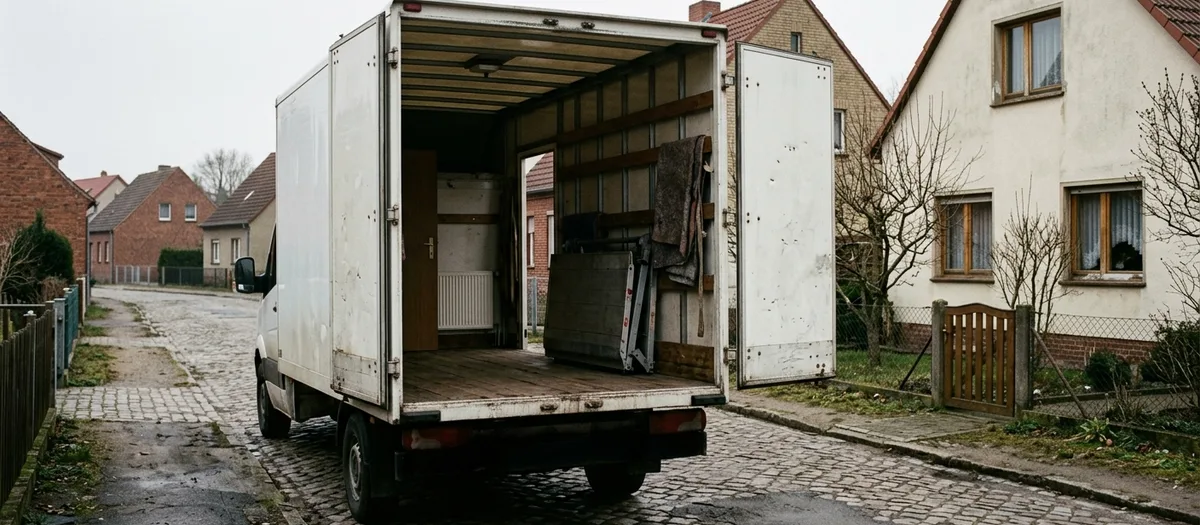Möbelwagen mit weit geöffneten Hecktüren auf einer Kopfsteinpflasterstraße im Dorf