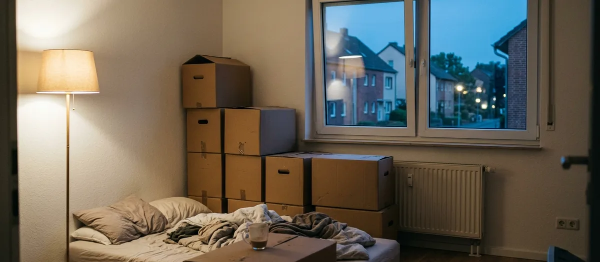 Gestapelte Kartons, eine Stehlampe und eine Matratze mit Bettzeug am Abend des Einzugs