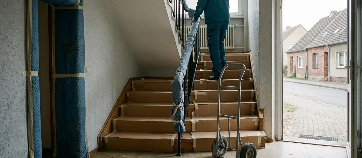 Treppenhaus mit abgedeckten Stufen und gepolsterten Türzargen, unten wartet eine Sackkarre