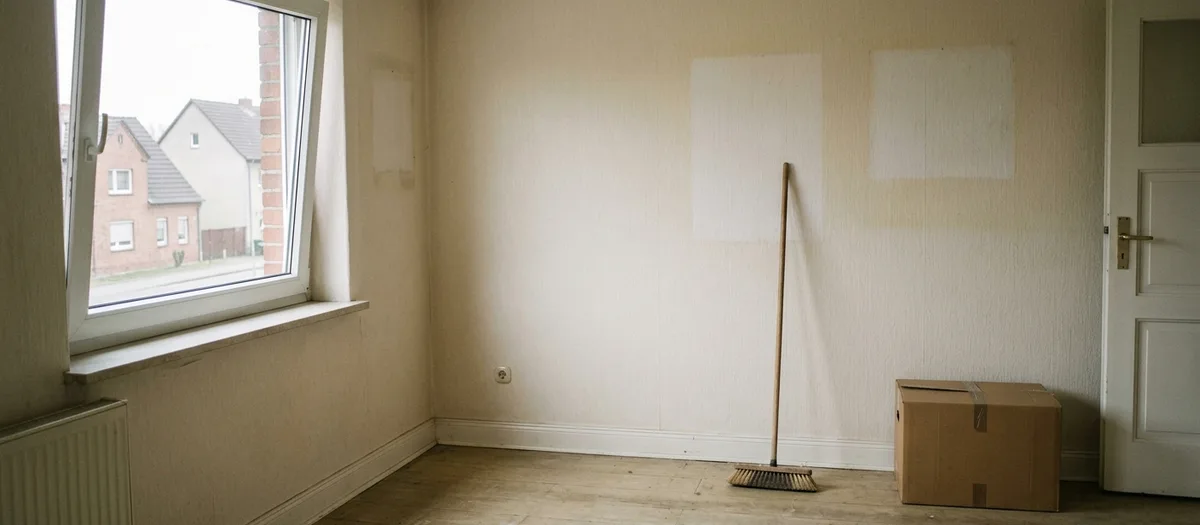 Leergeräumtes Zimmer mit hellen Flecken abgehängter Bilder, Besen und einem zugeklebten Karton