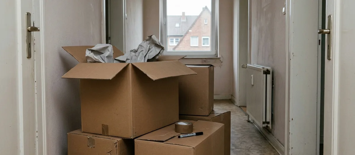Gestapelte Umzugskartons mit Packpapier im leeren Flur, daneben Klebeband und Stift