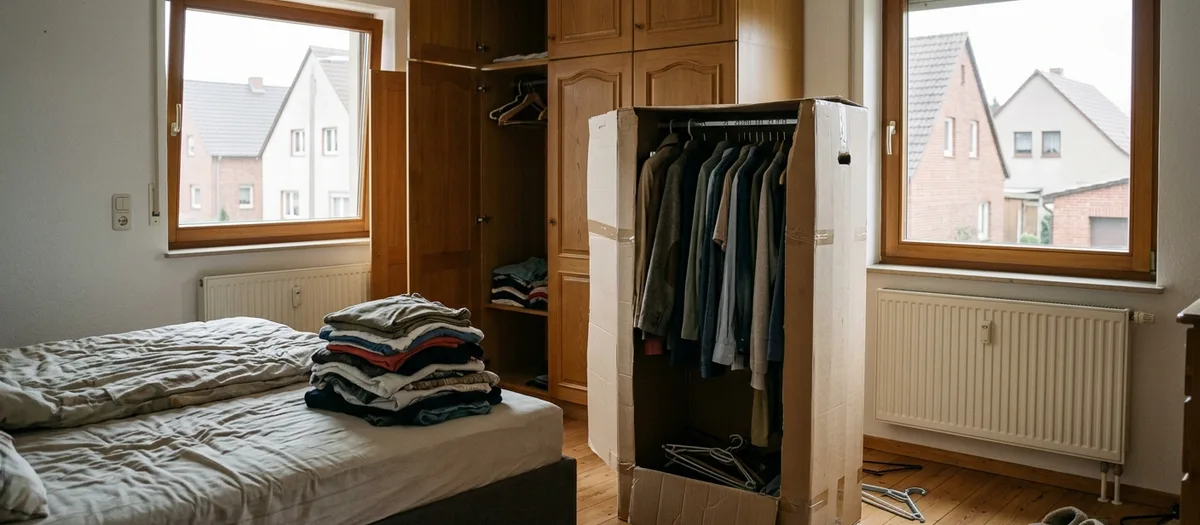 Kleiderbox mit hängender Garderobe vor dem halb geleerten Schrank im Schlafzimmer