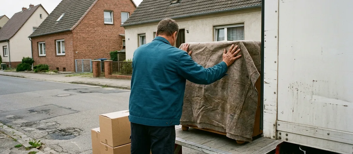 Träger schiebt ein in Decken gepacktes Möbelstück über die Ladebordwand in den Möbelwagen
