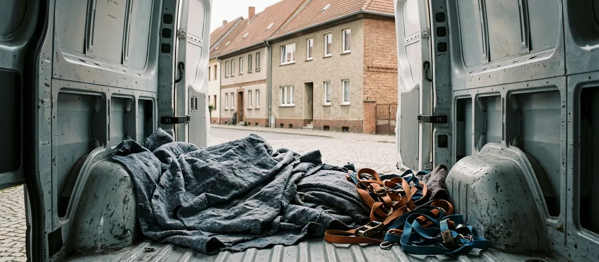 Zusammengelegte Möbeldecken und Spanngurte auf dem Ladeboden, Blick durch die offenen Hecktüren