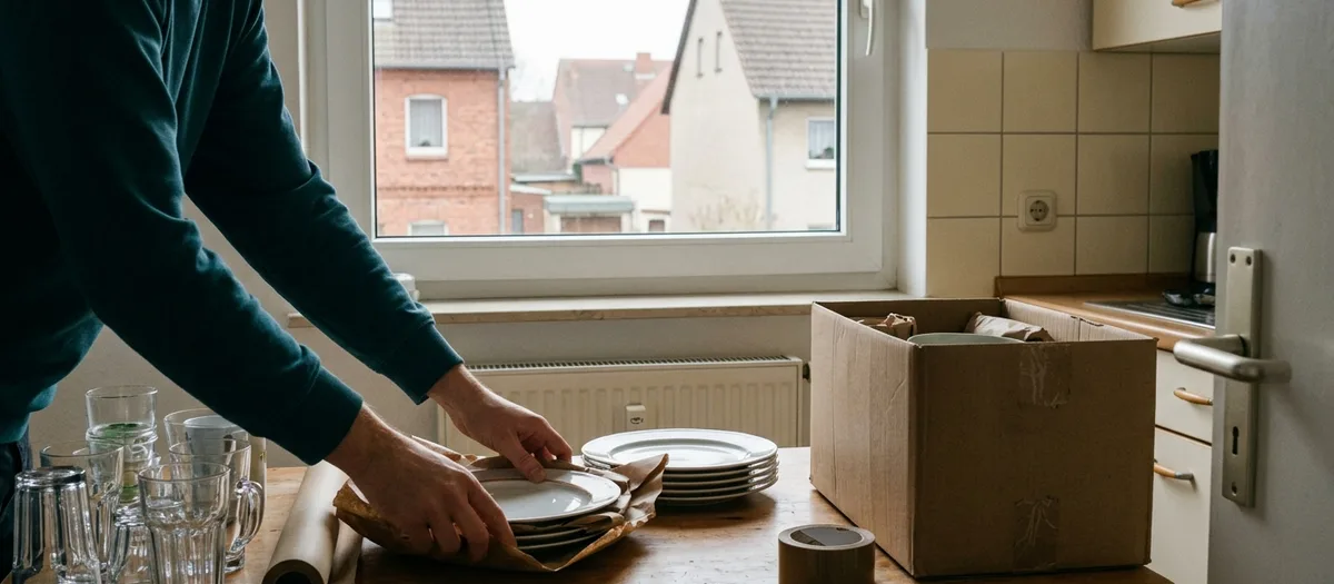 Teller werden einzeln in Packpapier gewickelt, daneben Gläser und ein halb gefüllter Karton