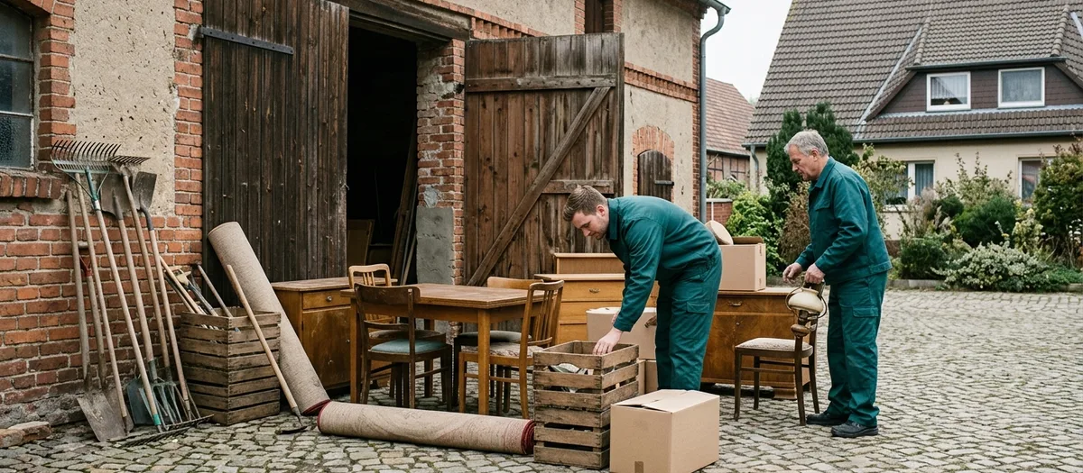 Zwei Helfer räumen Möbel, Kisten und Gartengeräte aus einer Scheune auf den gepflasterten Hof