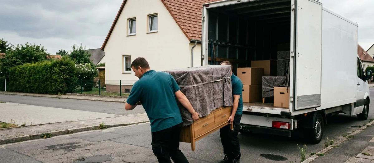 Zwei Träger heben eine in Decken geschlagene Kommode in den offenen Kofferaufbau vor einem Wohnhaus