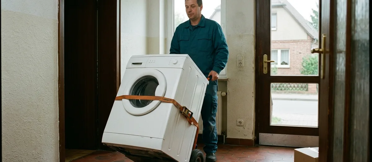 Gegurtete Waschmaschine auf einer Sackkarre im Hausflur, ein Helfer führt sie zur Tür