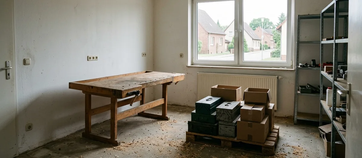 Leergeräumte Werkstatt mit Hobelbank, Werkzeugkisten auf einer Palette und leerem Regal